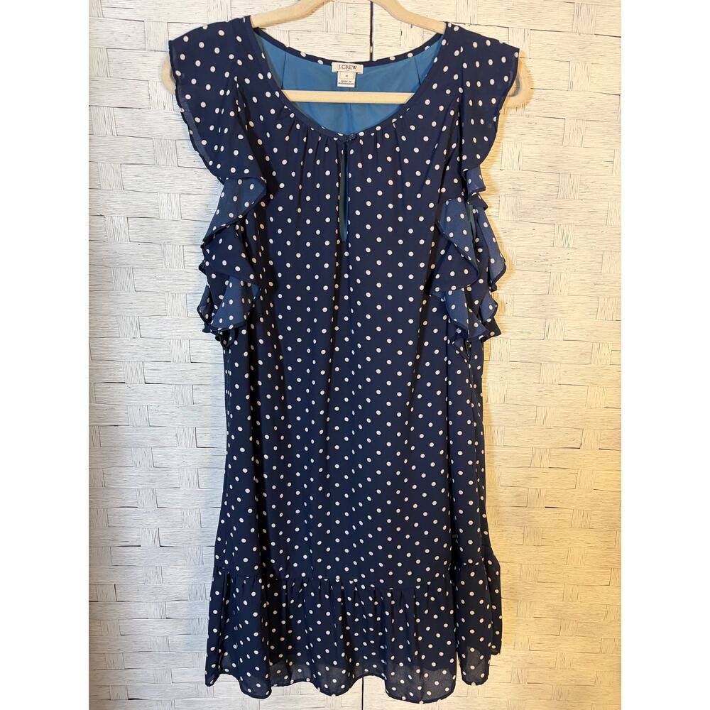 J.Crew women's dress polkadot navy white flutter sleeve ruffled hem feminine